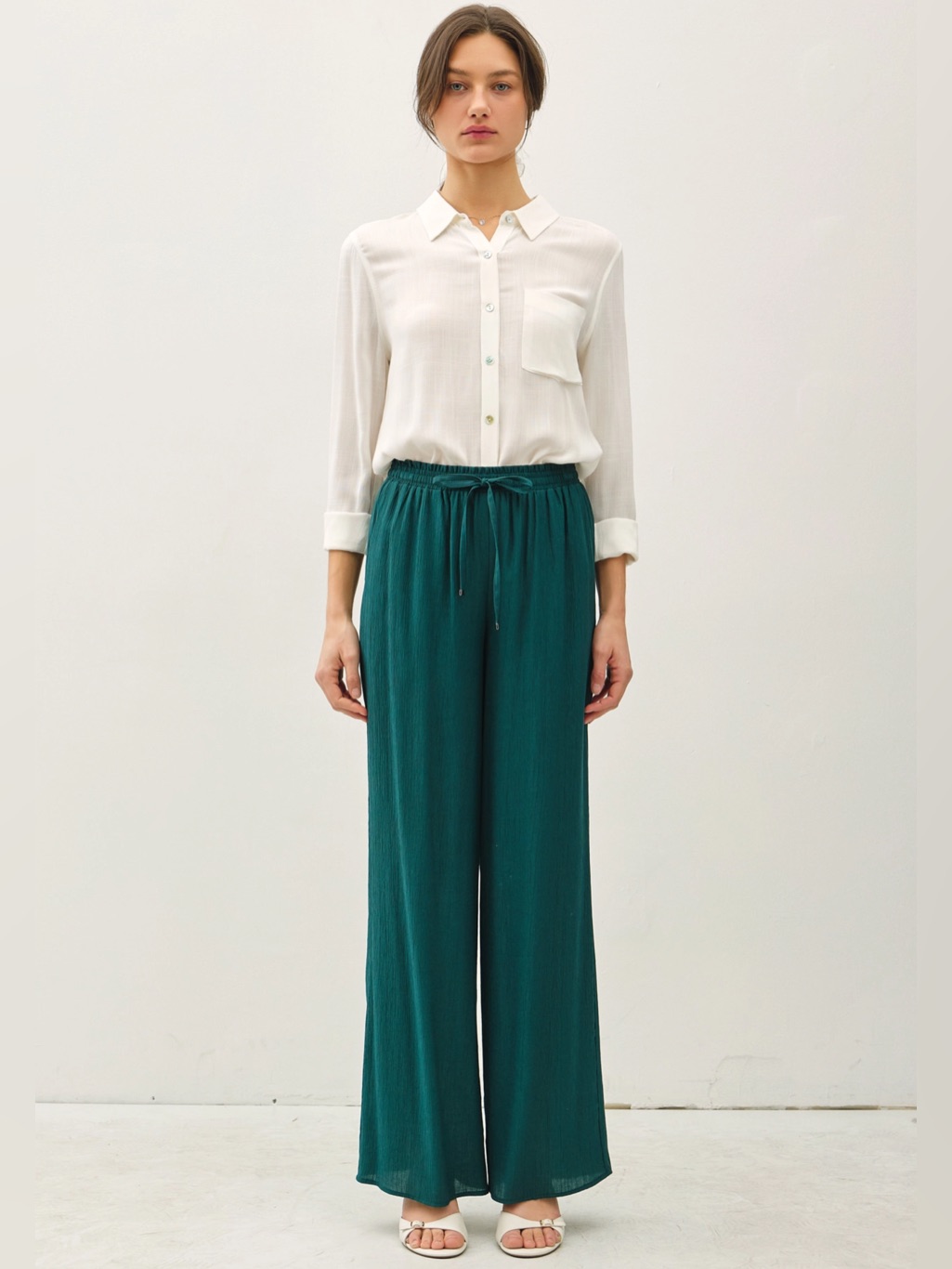 Wide-Leg Drawstring Pants In Teal